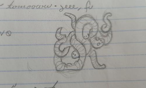 progress sketch 3: the same sketch but now the worms have lines on their bodies, and one tail curl has been fixed to be shorter and more realistic