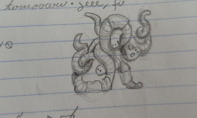 progress sketch 5: more detailed version of the sketch with much darker, bolder lines. The worms look unmistakably like cartoon worms now