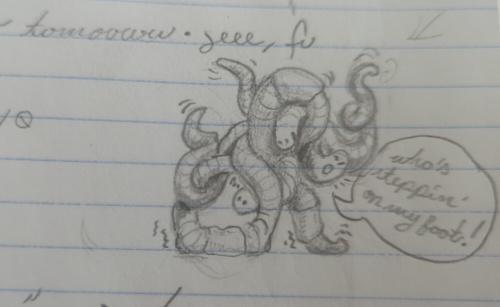 progress sketch 6: the final sketch with lots of wiggle lines, some exertion lines where the worms' bodies are holding up the tangle of worms. One worm with an intense expression yells: who's steppin' on my foot! Another worm in behind the others has a question mark above it's head and innocent expression. The third visible worm's face is set in a somewhat sly smile hehehe like they're a little sneak who steps on other worms' feet